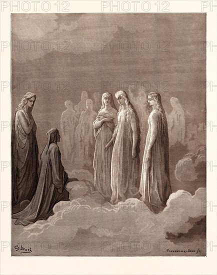 DANTE AND THE SPIRITS OF THE MOON, BY Gustave Doré. Dore, 1832 - 1883, French. Engraving for Paradiso by Dante. 1870, Art, Artist, romanticism, colour, color engraving
