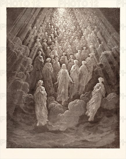 THE ANGELS IN THE PLANET MERCURY, BY Gustave Doré. Dore, 1832 - 1883, French. Engraving for Paradiso by Dante. 1870, Art, Artist, romanticism, colour, color engraving