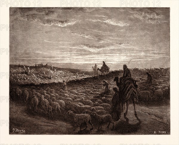ABRAM, ABRAHAM,  JOURNEYING INTO THE LAND OF CANAAN, BY Gustave Doré. Dore, 1832 - 1883, French. Engraving for the Bible. 1870, Art, Artist, holy book, religion, religious, christianity, christian, romanticism, colour, color engraving