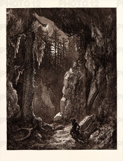 CHACTAS SEEKING FOR THE GRAVES OF FATHER AUBRY AND ATALA, BY Gustave Doré. Dore, 1832 - 1883, French. Engraving for Atala by Chateaubriand. 1870, Art, Artist, romanticism, colour, color engraving