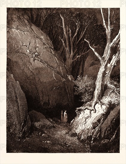 DANTE AND HIS GUIDE, BY Gustave Doré. Dore, 1832 - 1883, French. Engraving for the Inferno by Dante. Wood engraving by Boetzal after Dore, with both signatures in the print, 1870, romanticism, colour, color engraving