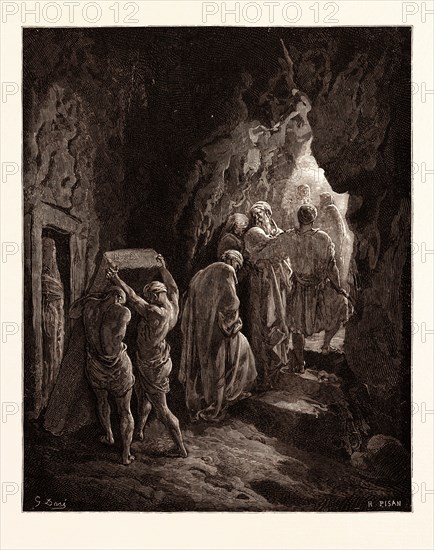 THE BURIAL OF SARAH, BY Gustave Doré. Dore, 1832 - 1883, French. Engraving for the Bible. Wood engraving by Heliodore Joseph Pisan after Gustave Dore, with signatures in the print, 1870, Art, Artist, holy book, religion, religious, christianity, christian, romanticism, colour, color engraving