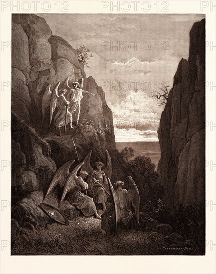 ARIEL'S CHARGE TO GABRIEL, BY Gustave Doré.  Dore, 1832 - 1883, French. Engraving for the Bible. 1870, Art, Artist, holy book, religion, religious, christianity, christian, romanticism, colour, color engraving.