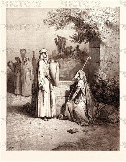 ELIEZER AND REBEKAH, BY Gustave Doré. Dore, 1832 - 1883, French. Engraving for the Bible. 1870, Art, Artist, holy book, religion, religious, christianity, christian, romanticism, colour, color engraving