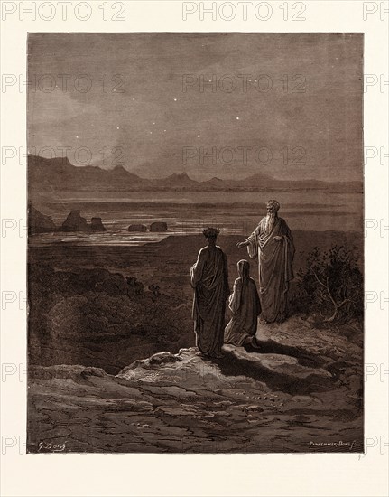 DANTE, VIRGIL, AND CATO OF UTICA, BY GUSTAVE DORE, 1832 - 1883, French. Engraving for the Purgatorio by Dante. Wood engraving by Pannemaker and Doms after Gustave Dore, with signatures in the print, 1870,  Art, Artist, romanticism, colour, color engraving