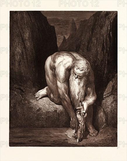THE GIANT ANTAEUS, BY GUSTAVE DORE, 1832 - 1883, French. Engraving for the Inferno by Dante. 1870, Art, Artist, romanticism, colour, color engraving