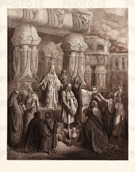 CYRUS RESTORING THE VESSELS OF THE TEMPLE, BY Gustave Doré. Dore, 1832 - 1883, French. Engraving for the Bible. 1870, Art, Artist, holy book, religion, religious, christianity, christian. Wood engraving by Pannemaker and Doms after Gustave Dore, with signatures in the print, 1870, romanticism, colour, color engraving