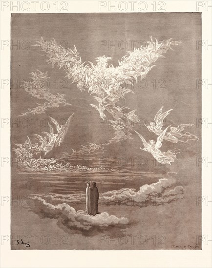 THE VISION OF THE SIXTH HEAVEN, BY Gustave Doré. Dore, 1832 - 1883, French. Engraving for Paradiso by Dante. Wood engraving by Pannemaker and Doms after Gustave Dore, with signatures in the print, 1870, romanticism, colour, color engraving