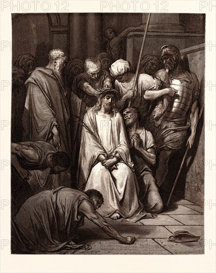 THE CROWN OF THORNS, BY Gustave Doré. Dore, 1832 - 1883, French. Engraving for the Bible. 1870, Art, Artist, holy book, religion, religious, christianity, christian. Wood engraving by Pannemaker and Doms after Gustave Dore, with signatures in the print, 1870, romanticism, colour, color engraving