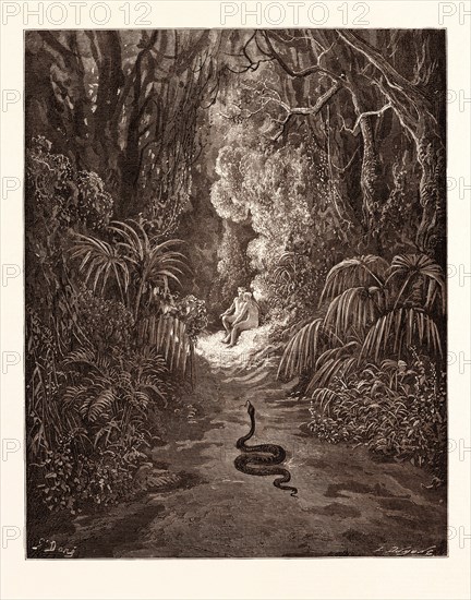 THE FIRST APPROACH OF THE SERPENT, BY Gustave Doré. Dore, 1832 - 1883, French. Engraving for Paradise Lost by Milton. Wood engraving by Dumont after Gustave Dore, with signatures in the print. romanticism, colour, color engraving