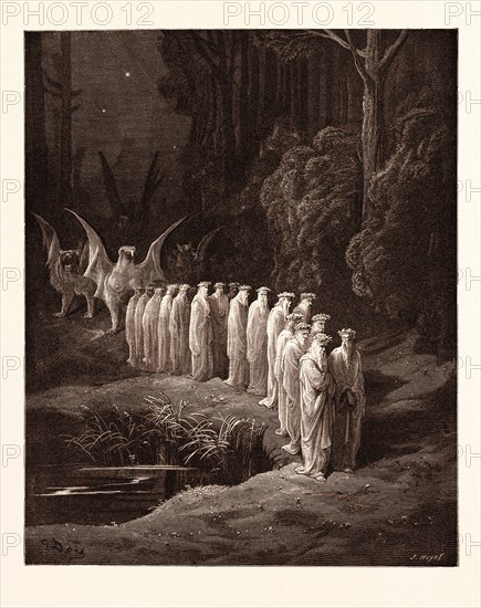 THE PROCESSION OF THE ELDERS, BY Gustave Doré.  Dore, 1832 - 1883, French. Engraving for the Purgatorio by Dante. Wood engraving by Jules Huyot after Gustave Dore, with signatures in the print. romanticism, colour, color engraving