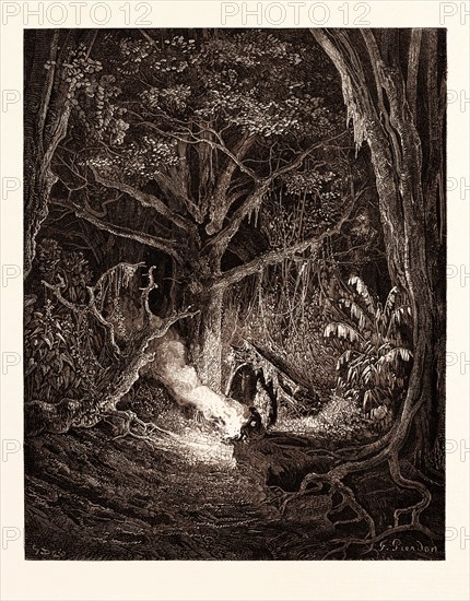 THE CAMP FIRE OF ATALA AND CHACTAS, BY Gustave Doré. Gustave Dore, 1832 - 1883, French. Engraving for Atala by Chateaubriand. Wood engraving by F. Pierdon after Gustave Dore, with signatures in the print. romanticism, colour, color engraving
