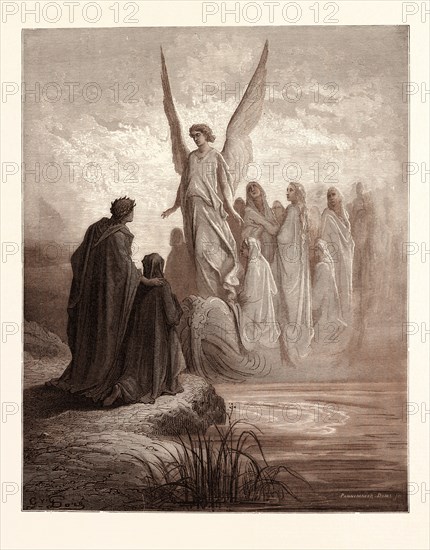 THE BOAT OF SOULS, BY Gustave Doré. Gustave Dore, 1832 - 1883, French. Engraving for the Purgatorio by Dante. Wood engraving by Pannemaker and Doms after Gustave Dore, with signatures in the print, 1870, romanticism, colour, color engraving