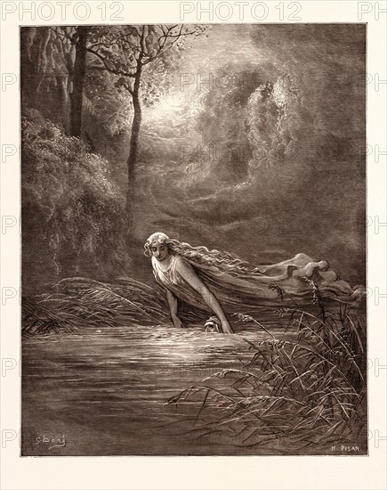 DANTE AND THE RIVER OF LETHE, BY Gustave Doré. Gustave Dore, 1832 - 1883, French. Engraving for the Purgatorio by Dante. Wood engraving by Heliodore Joseph Pisan after Gustave Dore, with signatures in the print, 1870, Art, Artist, romanticism, colour, color engraving