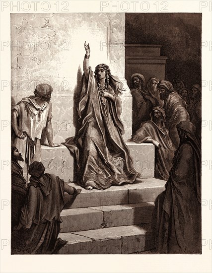 DEBORAH, BY Gustave Doré. Gustave Dore, 1832 - 1883, French. Engraving for the Bible. 1870, Art, Artist, holy book, religion, religious, christianity, christian, romanticism, colour, color engraving