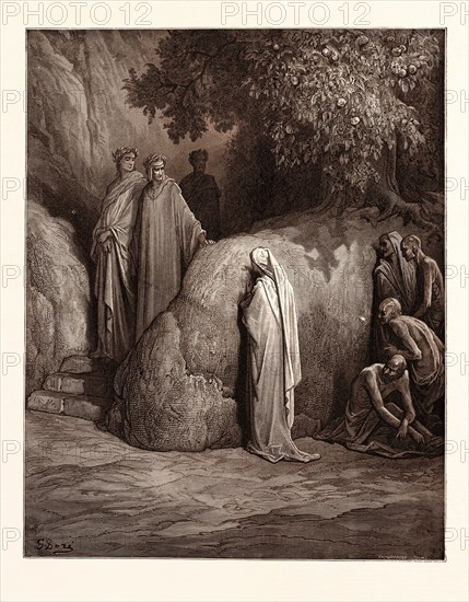 DANTE AND THE SPIRIT OF FORESE, BY Gustave Doré. Gustave Dore, 1832 - 1883, French. Engraving for the Purgatorio by Dante. Wood engraving by Pannemaker and Doms after Gustave Dore, with signatures in the print, 1870, Art, Artist, romanticism, colour, color engraving