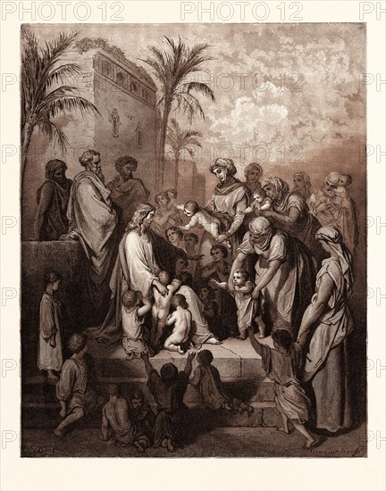 JESUS BLESSING THE CHILDREN, BY Gustave Doré. Gustave Dore, 1832 - 1883, French. Engraving for the Bible. 1870, Art, Artist, holy book, religion, religious, christianity, christian, romanticism, colour, color engraving
