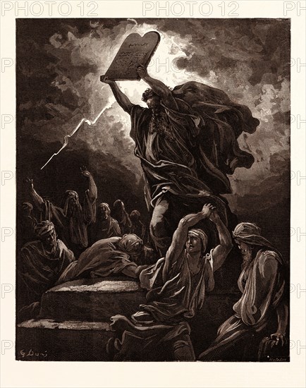 MOSES BREAKING THE TABLES OF THE LAW, BY Gustave Doré. Gustave Dore, 1832 - 1883, French. Engraving for the Bible. 1870, Art, Artist, holy book, religion, religious, christianity, christian, romanticism, colour, color engraving