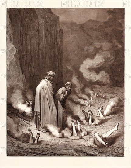 THE PUNISHMENT OF SIMONISTS, BY Gustave Doré. Gustave Dore, 1832 - 1883, French. Engraving for The Divine Comedy, Divina Commedia, by Dante. 1870, Art, Artist, romanticism, colour, color engraving