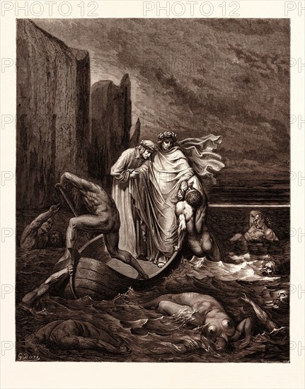 THE SPIRIT OF FILIPPO ARGENTI, BY Gustave Doré. Gustave Dore, 1832 - 1883, French. Engraving for the Inferno by Dante. 1870, Art, Artist, romanticism, colour, color engraving