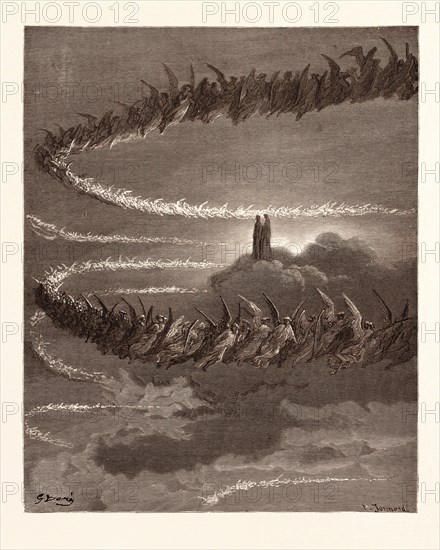THE SPIRITS IN JUPITER, BY Gustave Doré. Gustave Dore, 1832 - 1883, French. Engraving for the Inferno by Dante. 1870, Art, Artist, romanticism, colour, color engraving