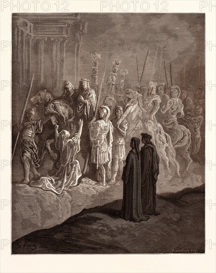 THE ROMAN WIDOW AND THE EMPEROR TRAJAN, BY Gustave Doré. Gustave Dore, 1832 - 1883, French. Engraving for the Purgatorio by Dante. 1870, Art, Artist, romanticism, colour, color engraving