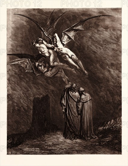 THE FURIES BEFORE THE GATES OF DIS, BY Gustave Doré. Gustave Dore, 1832 - 1883, French. Engraving for The Divine Comedy, Divina Commedia, by Dante. 1870, Art, Artist, romanticism, colour, color engraving
