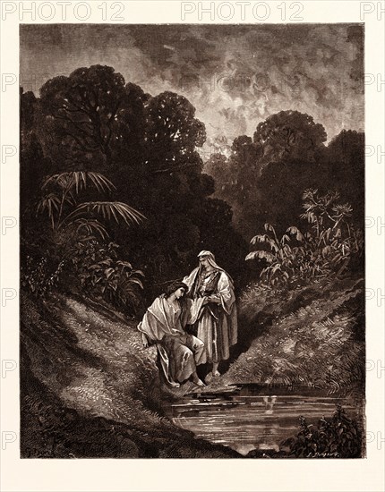 DAVID AND JONATHAN, BY Gustave Doré. Gustave Dore, 1832 - 1883, French. Engraving for the Bible. 1870, Art, Artist, holy book, religion, religious, christianity, christian, romanticism, colour, color engraving