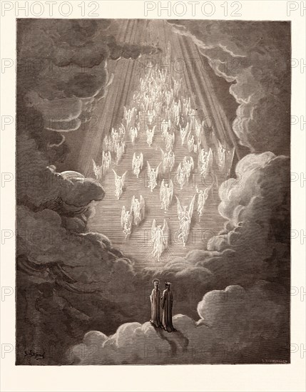 THE VISION OF THE GOLDEN LADDER, BY Gustave Doré. Gustave Dore, 1832 - 1883, French. Engraving for the Purgatorio by Dante. 1870, Art, Artist, Romanticism, colour, color engraving