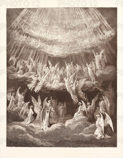 THE HEAVENLY CHOIR, BY Gustave Doré. Gustave Dore, 1832 - 1883, French. Engraving for Paradiso by Dante. 1870, Art, Artist, romanticism, colour, color engraving