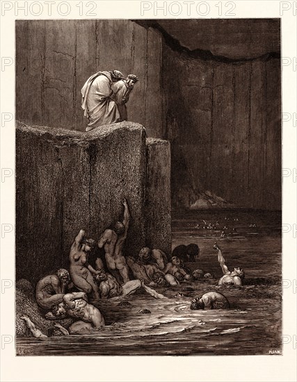 THE PUNISHMENT OF FLATTERERS, BY Gustave Doré. Gustave Dore, 1832 - 1883, French. Engraving for The Divine Comedy, Divina Commedia, by Dante. 1870, Art, Artist, romanticism, colour, color engraving