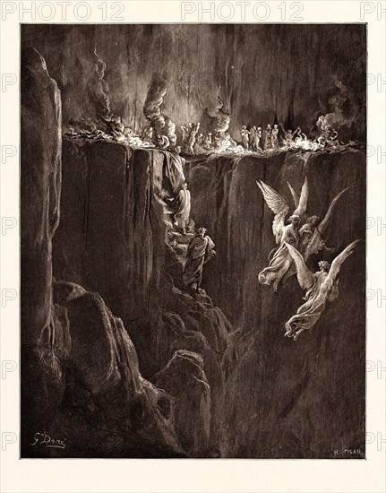 THE Perilous Pass on the eight cornice of Purgatory, BY Gustave Doré. Gustave Dore, 1832 - 1883, French. Engraving for the Purgatorio or Purgatory by Dante Alighieri. 1870, Art, Artist, romanticism, colour, color engraving