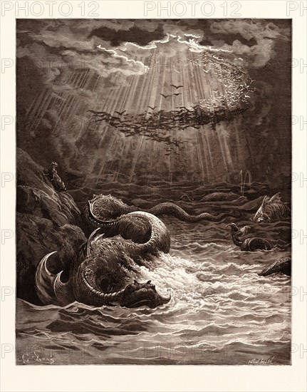 THE CREATION OF FISH AND BIRDS, BY Gustave Doré. Gustave Dore, 1832 - 1883, French. Engraving for Paradise Lost by Milton. 1870, Art, Artist, romanticism, colour, color engraving