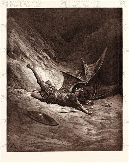 SATAN SMITTEN BY MICHAEL, BY Gustave Doré. Gustave Dore, 1832 - 1883, French. Engraving for Paradise Lost by Milton. 1870, Art, Artist, romanticism, colour, color engraving