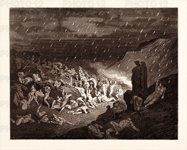 THE TORTURE OF THE FIERY RAIN, BY Gustave Doré. Gustave Dore, 1832 - 1883, French. Engraving for The Divine Comedy, Divina Commedia, by Dante Alighieri. 1870, Art, Artist, romanticism, colour, color engraving.