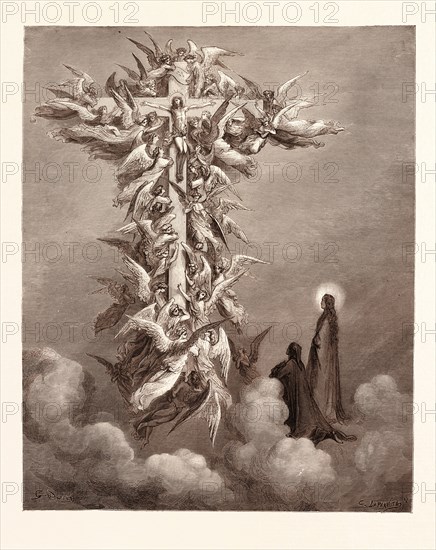THE VISION OF THE CROSS, BY Gustave Doré. Gustave Dore, 1832 - 1883, French. Engraving for the Purgatorio or Purgatory by Dante Alighieri. 1870, Art, Artist, romanticism, colour, color engraving.