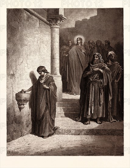 THE WIDOW'S MITE, BY Gustave Doré. Dore, 1832 - 1883, French. Engraving for the Bible. 1870, Art, Artist, holy book, religion, religious, christianity, christian, romanticism, colour, color engraving.
