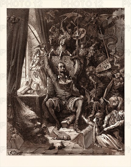 DON QUIXOTE IN HIS LIBRARY, BY Gustave Doré. Gustave Dore, 1832 - 1883, French. 1870, Art, Artist, romanticism, colour, color engraving.