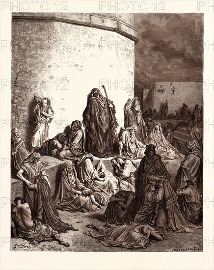 THE PEOPLE MOURNING OVER JERUSALEM, BY Gustave Doré. Dore, 1832 - 1883, French. Engraving for the Bible. 1870, Art, Artist, holy book, religion, religious, christianity, christian, romanticism, colour, color engraving.