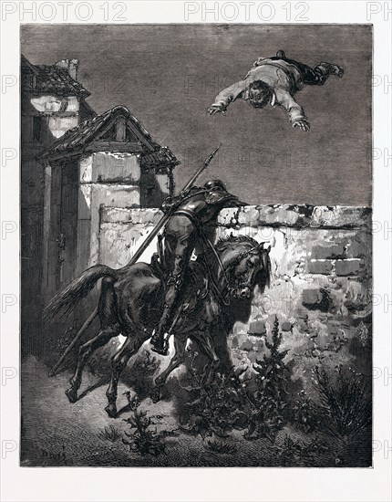 SANCHO TOSSED IN A BLANKET, BY Gustave Doré. Dore, 1832 - 1883, French. Engraving for Don Quixote by Cervantes. 1870, Art, Artist, romanticism, colour, color engraving. 1870, Art, Artist, romanticism, colour, color engraving.