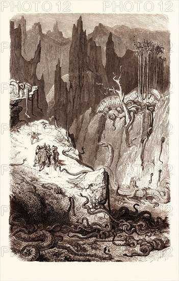 SINBAD AMONGST THE SERPENTS in the valley of Diamonds. BY Gustave Doré. Dore, 1832 - 1883, French. 1870, Art, Artist, romanticism, colour, color engraving, arab, arabian, arabic, mythology
