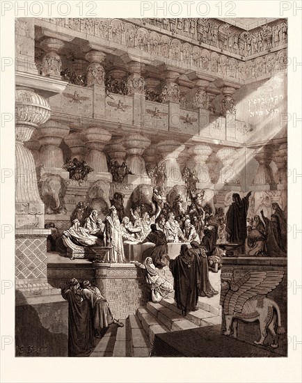 DANIEL INTERPRETING THE WRITING ON THE WALL, BY Gustave Doré. Dore, 1832 - 1883, French. Engraving for the Bible. 1870, Art, Artist, holy book, religion, religious, christianity, christian, romanticism, colour, color engraving.