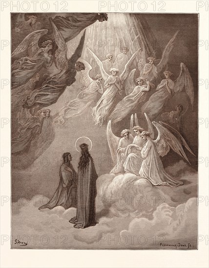 THE SINGING OF THE BLESSED IN THE SIXTH HEAVEN, BY Gustave Doré. Dore, 1832 - 1883, French. Engraving for The Divine Comedy, Divina Commedia, by Dante Alighieri. 1870, Art, Artist, romanticism, colour, color engraving,