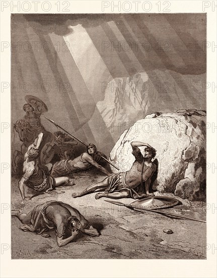 THE CONVERSION OF SAINT PAUL, ACTS 9:1-6  BY Gustave Doré, engraved by Ligny. 1866. Dore, 1832 - 1883, French. Art, Artist, romanticism, colour, color engraving.