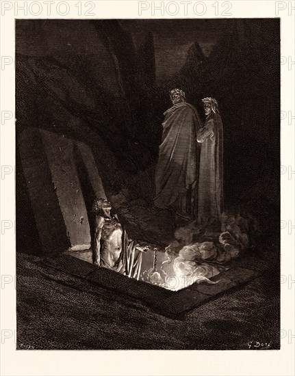 FARINATA DEGLI UBERTI, BY Gustave Doré. Dore, 1832 - 1883, French. Engraving for The Divine Comedy, Divina Commedia, by Dante Alighieri. 1870, Art, Artist, romanticism, colour, color engraving.