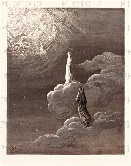 BEATRICE AND DANTE RISING TO THE FIFTH HEAVEN, BY Gustave Doré. Dore, 1832 - 1883, French. Engraving for The Divine Comedy, Divina Commedia, by Dante Alighieri. 1870, Art, Artist, romanticism, colour, color engraving.