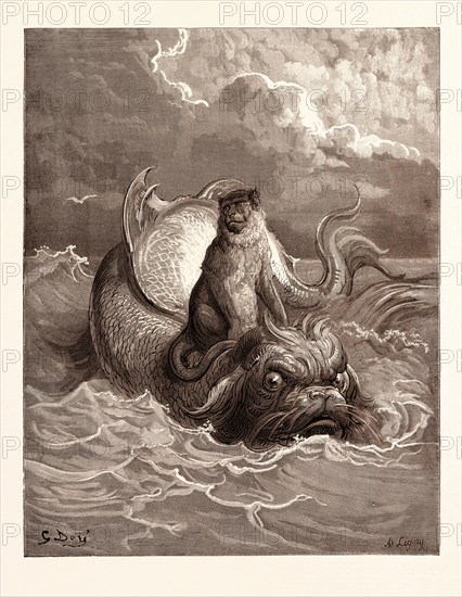 THE MONKEY AND THE DOLPHIN, BY Gustave Doré. Dore, 1832 - 1883, French. Engraving for Fables by -Jean de la Fontaine. 1870, Art, Artist, romanticism, colour, color engraving.