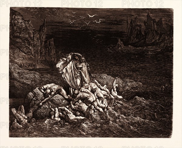 THE STYGIAN LAKE IN THE FIFTH CIRCLE OF HELL, BY Gustave Doré. Dore, 1832 - 1883, French. Engraving for The Divine Comedy, Divina Commedia, by Dante Alighieri. 1870, Art, Artist, romanticism, colour, color engraving.