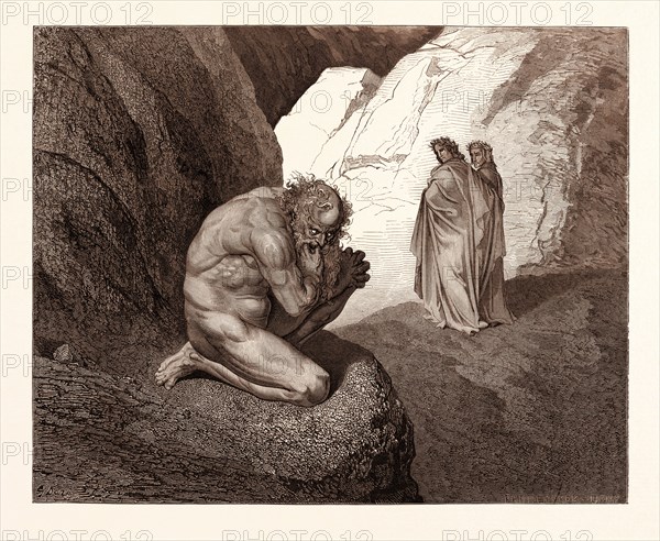 DANTE AND VIRGIL MEET PLUTUS, BY Gustave Doré. Dore, 1832 - 1883, French. Engraving for the Divine Comedy or Divina Commedia by Dante Alighieri. 1870, Art, Artist, romanticism, colour, color engraving.