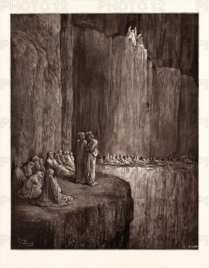 THE SPIRITS OF THE ENVIOUS, BY Gustave Doré. Dore, 1832 - 1883, French. Engraving for the Purgatorio or Purgatory by Dante Alighieri. 1870, Art, Artist, romanticism, colour, color engraving.
